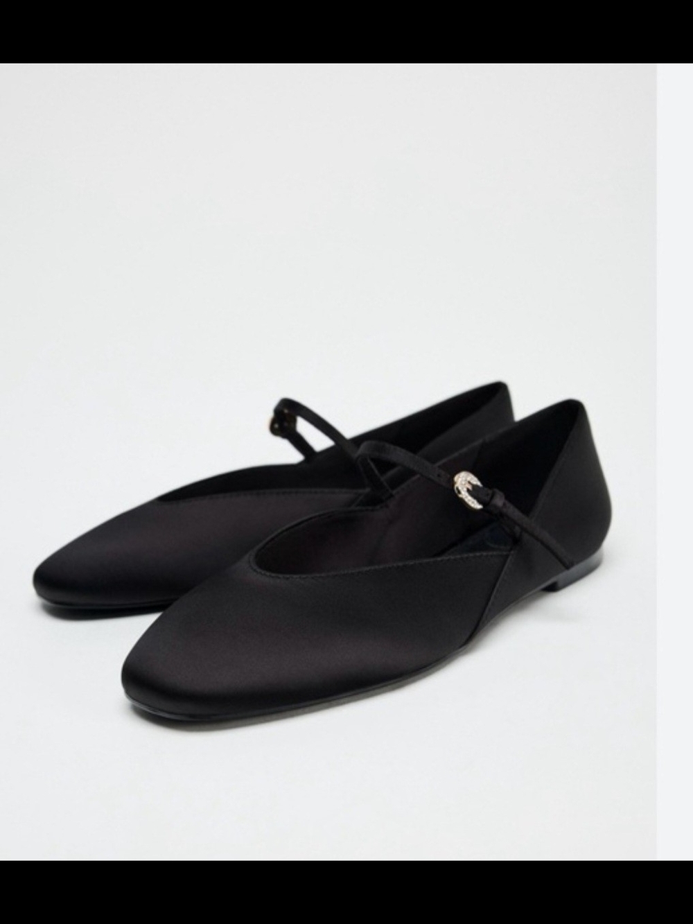 Zara Black Satin Pointed Mary Jane Flats with Slim Strap